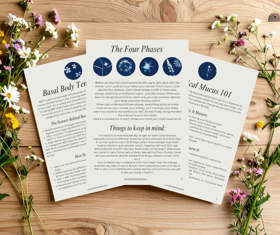 Flat lay of “A Beginner’s Guide to Your Cycle” surrounded by wildflowers — women’s hormone health and natural cycle tracking.