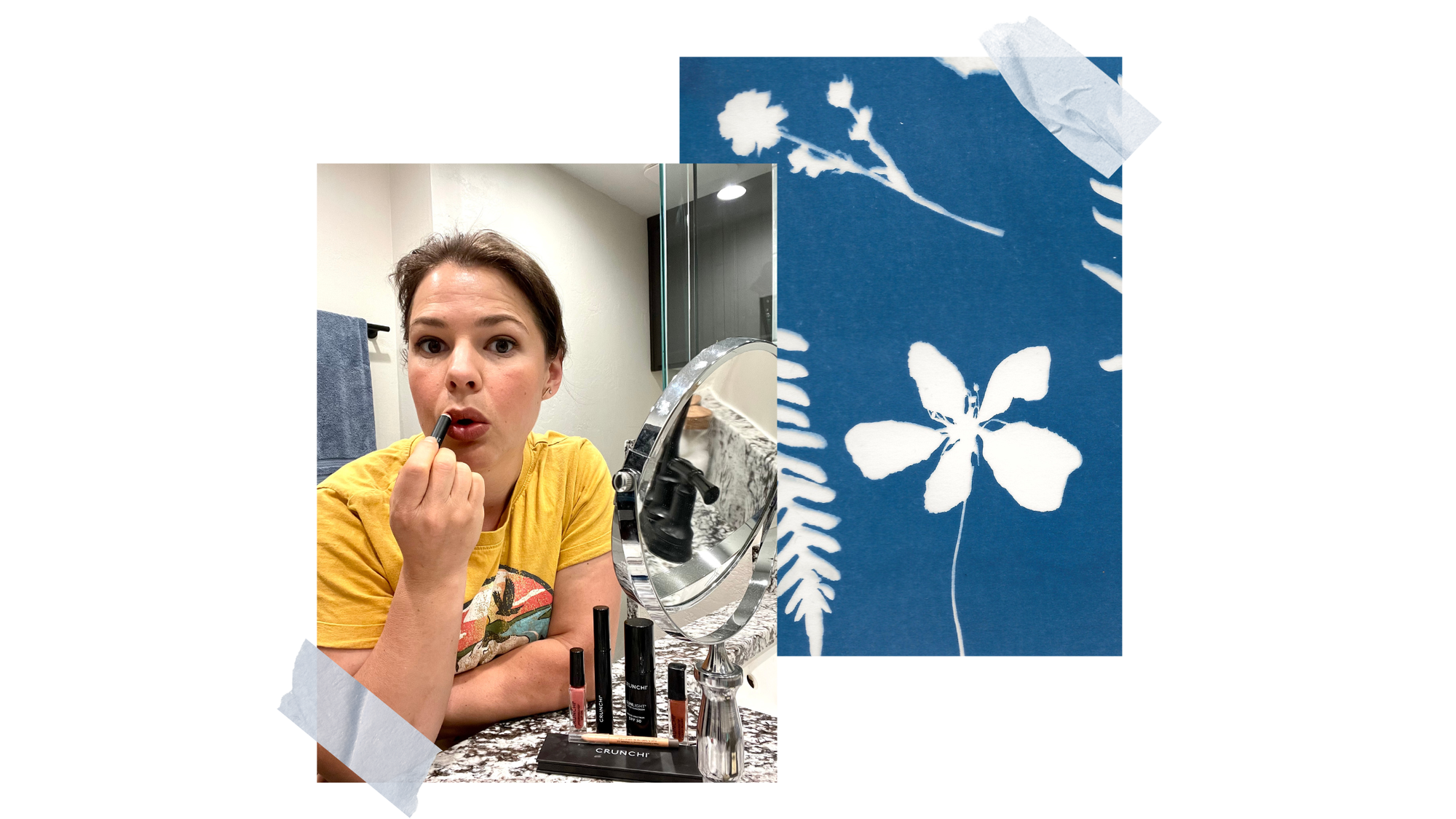 Cyanotype botanical background with Olivia Poyer applying Crunchi Everluxe lip crayon in the mirror, showing hormone-safe makeup.