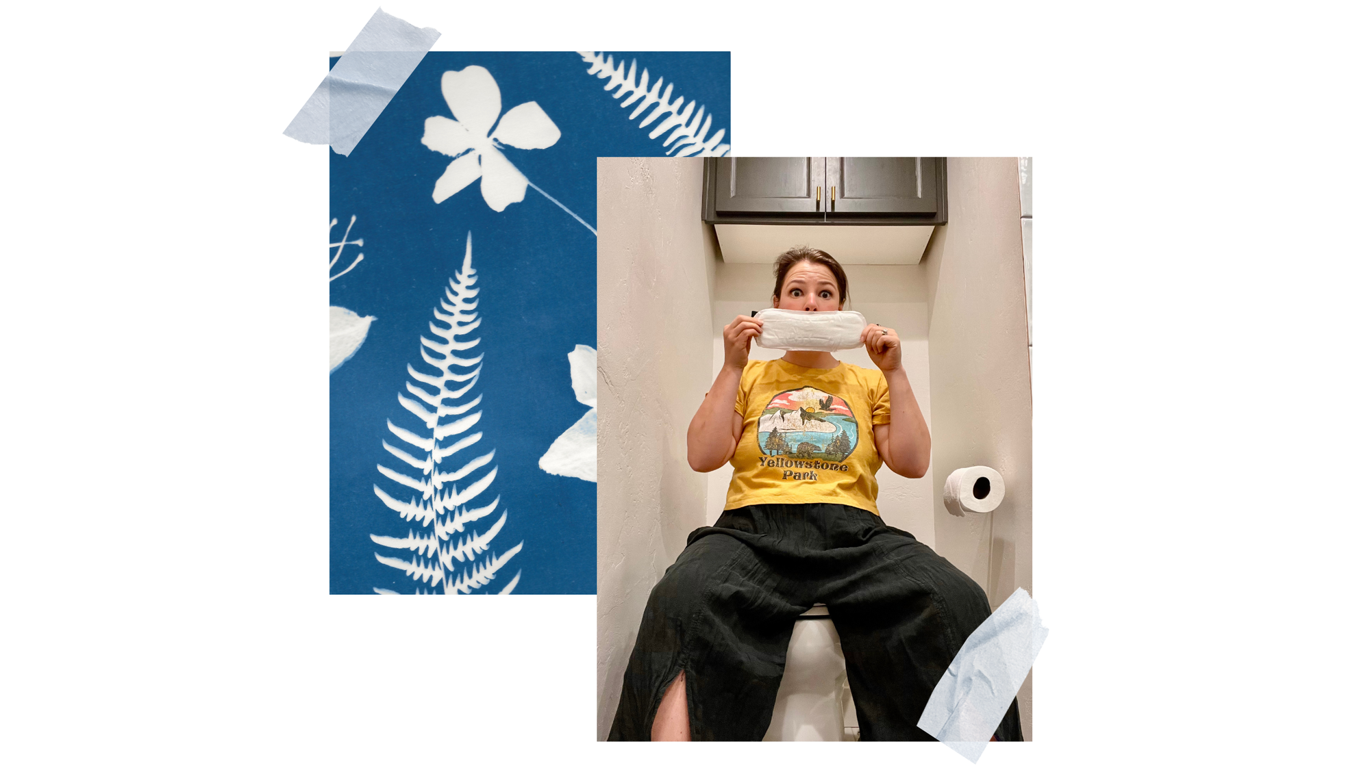 Cyanotype fern background with Olivia Poyer sitting on a toilet holding a pad over her mouth, representing toxins in period products.