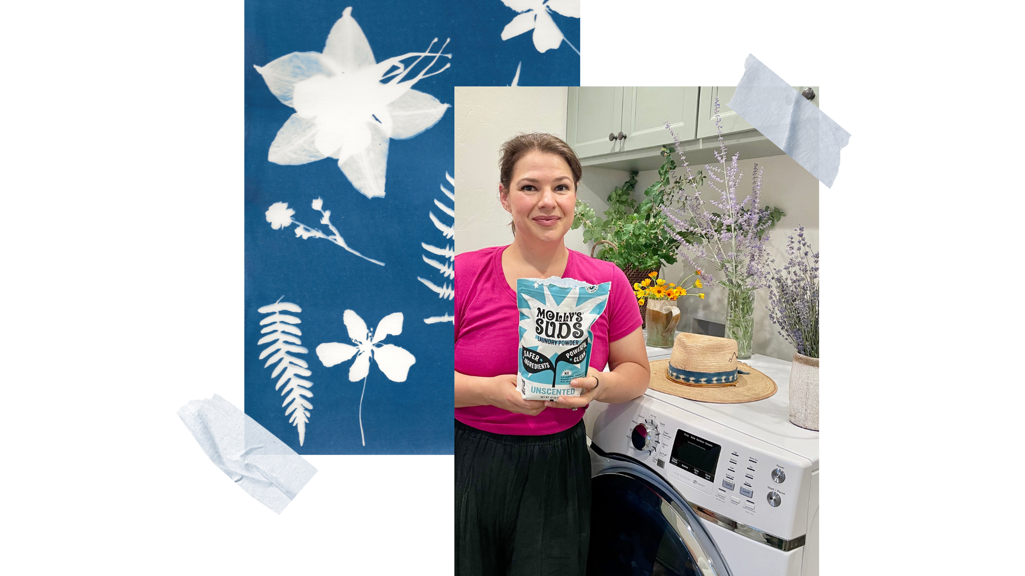 Cyanotype floral background with Olivia Poyer holding Molly’s Suds laundry powder in front of her washer and dryer covered in wildflowers.