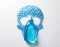Soap bottle spilling bubbles shaped like a skull — visual metaphor for hidden toxins in everyday products.
