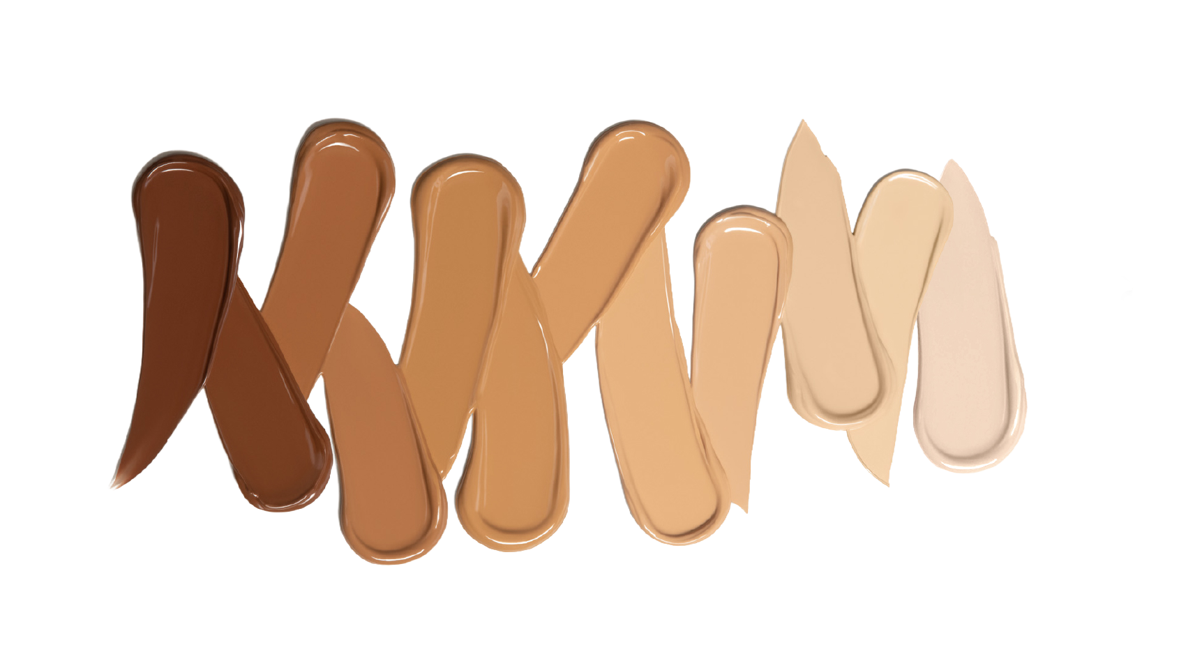 Set of 12 Crunchi Flawless Foundation swatches ranging from pale to deep tones on a white background, showing inclusive shade variety.