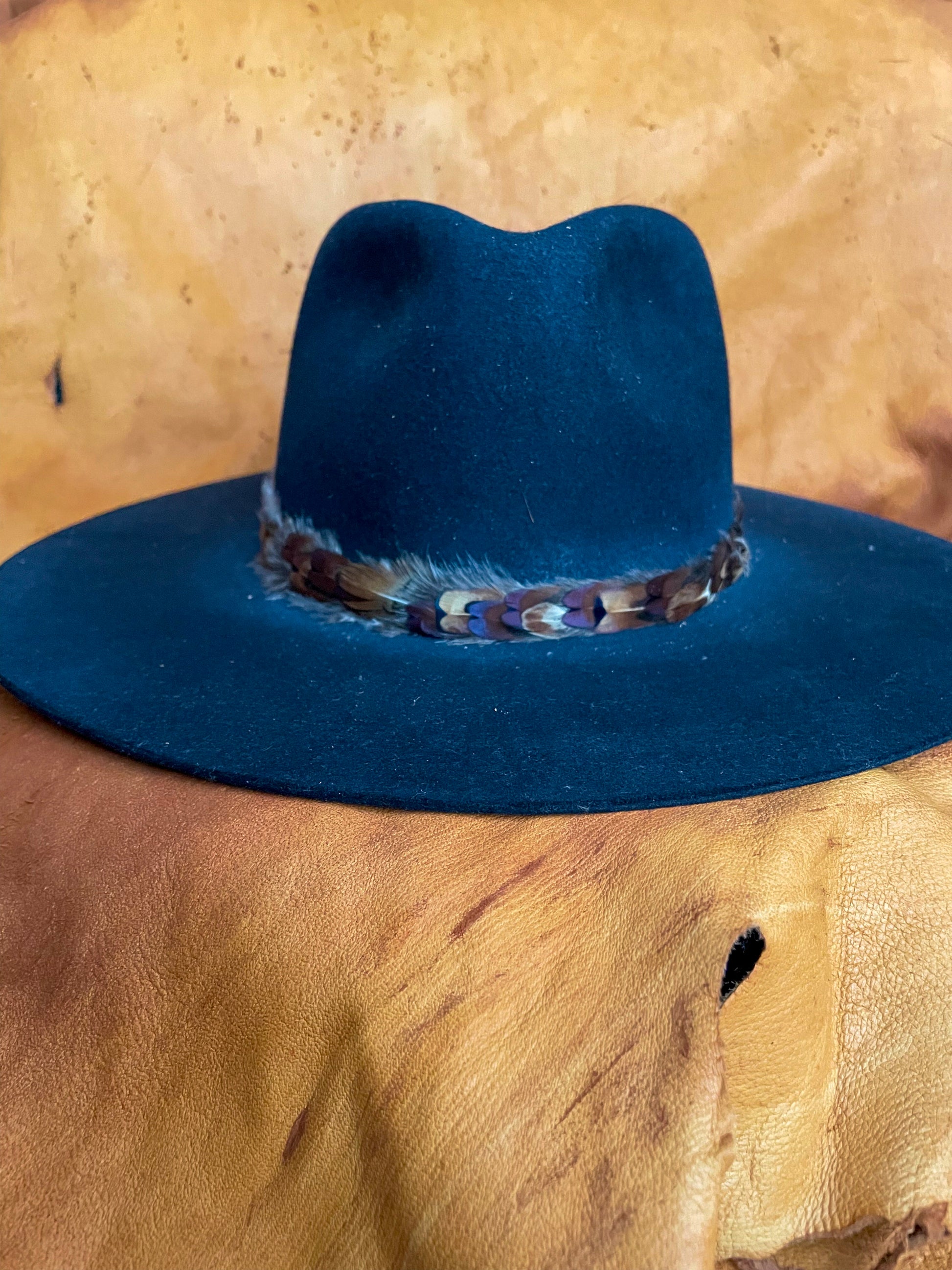 A one of a kind feather hatband on a black felt hat. 