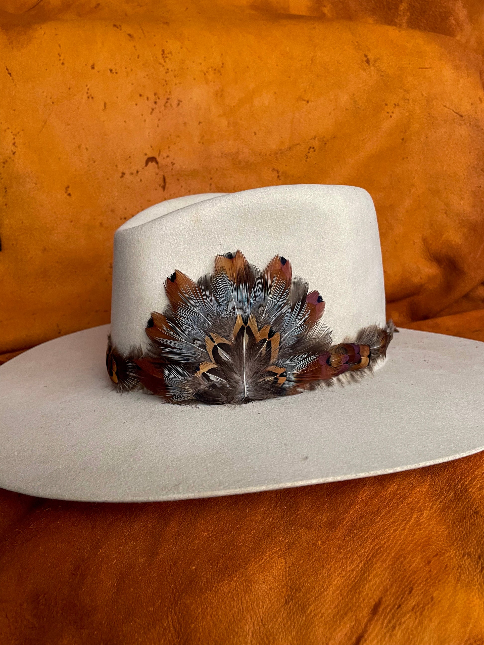 Feather hatband and medallion styled on neutral felt hat with color contrast.