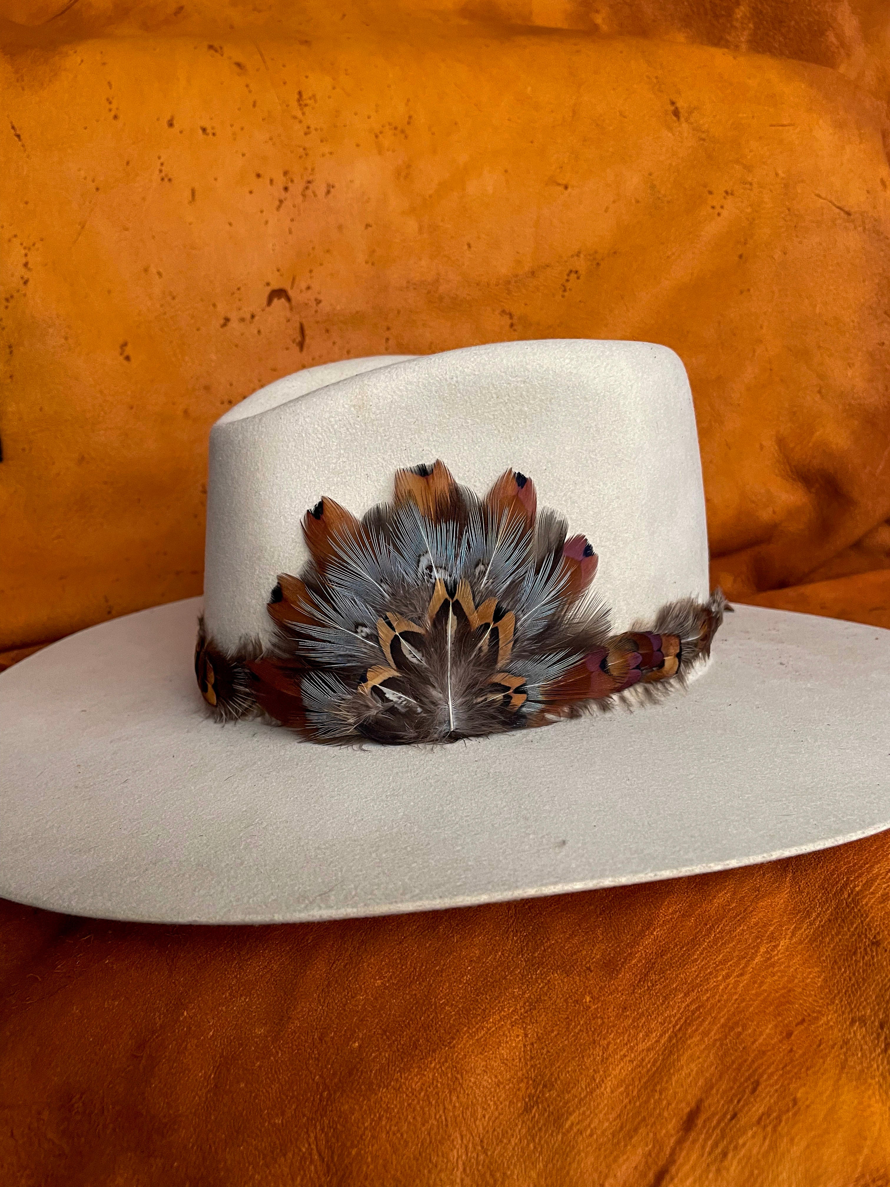 Feather hatband and medallion styled on neutral felt hat with color contrast.