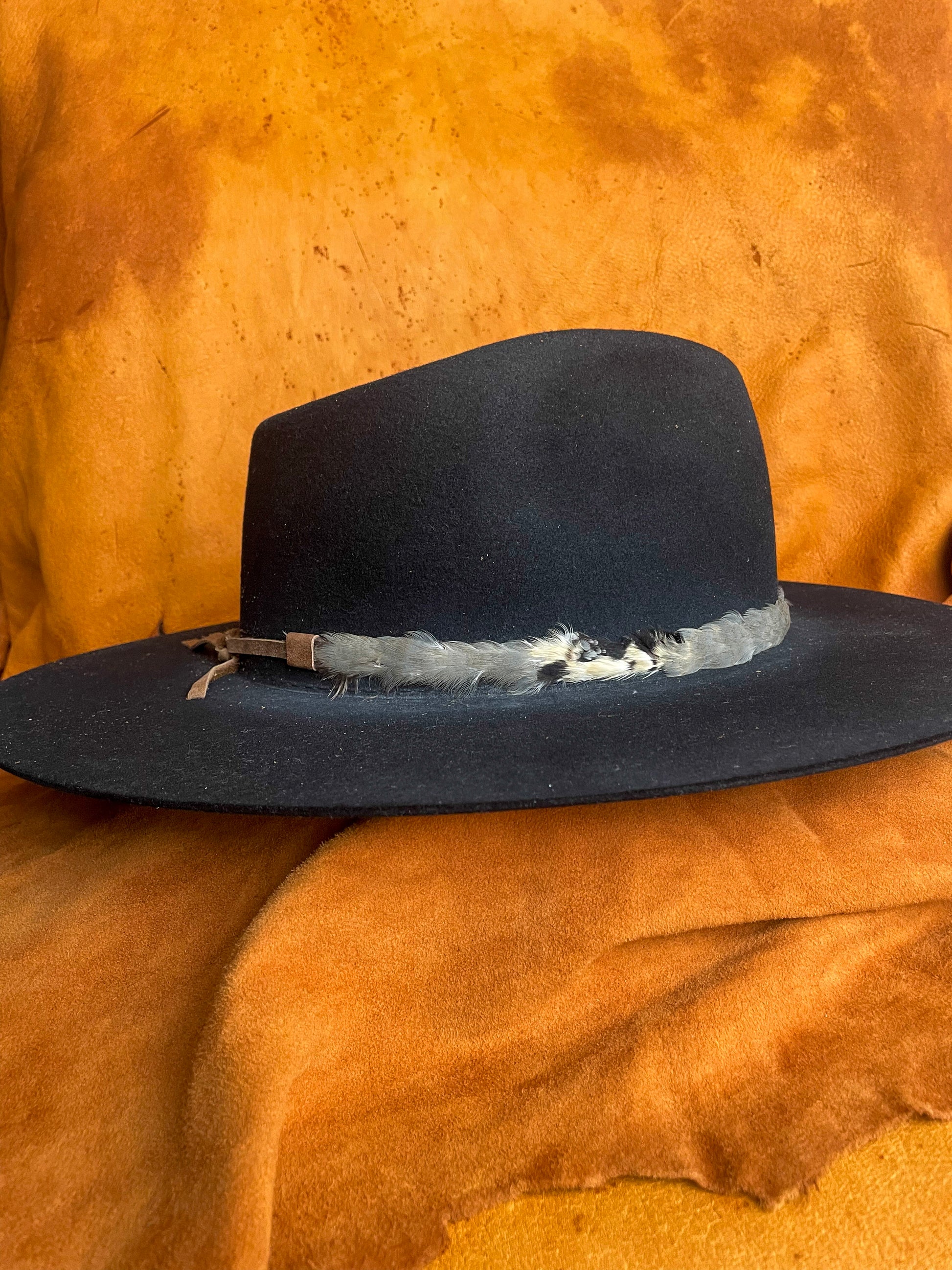 Side view of soft blue and neutral feather colors and textures on a black felt hat. 
