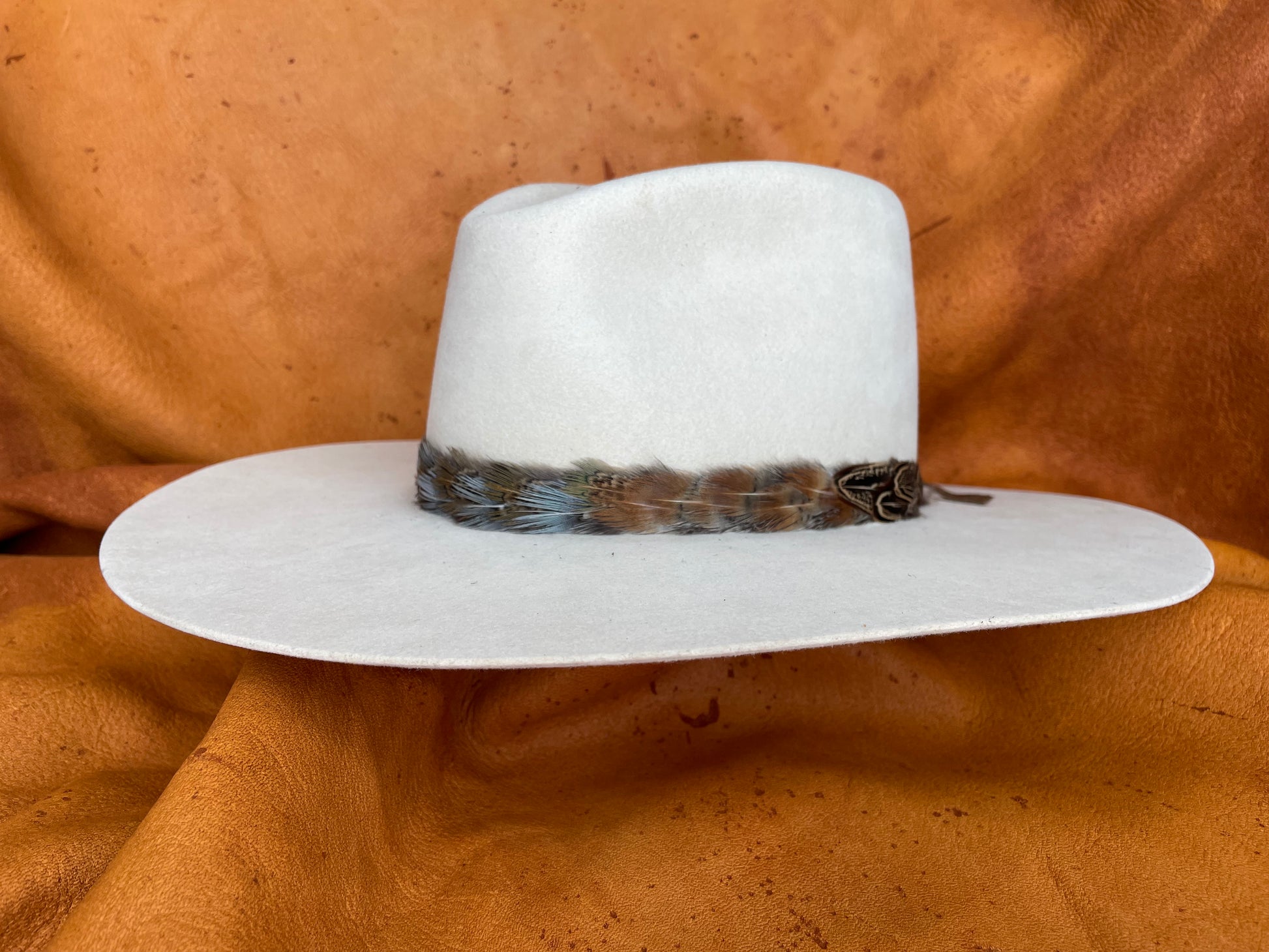 side angle view of multi-color pheasant feather hatband
