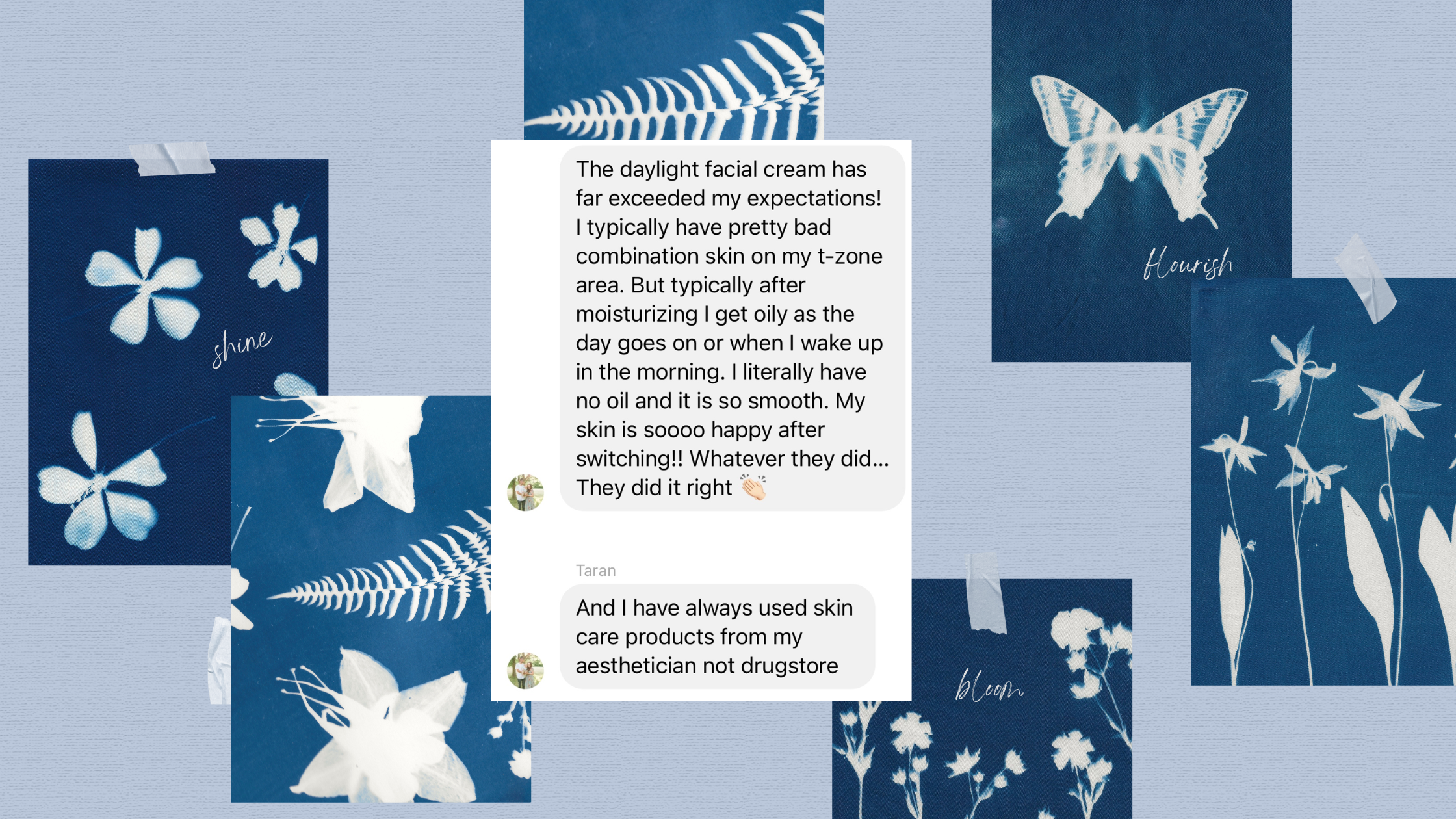 Screenshot of a client describing how the Daylight moisturizer transformed her combination skin by keeping it smooth and oil-free all day.