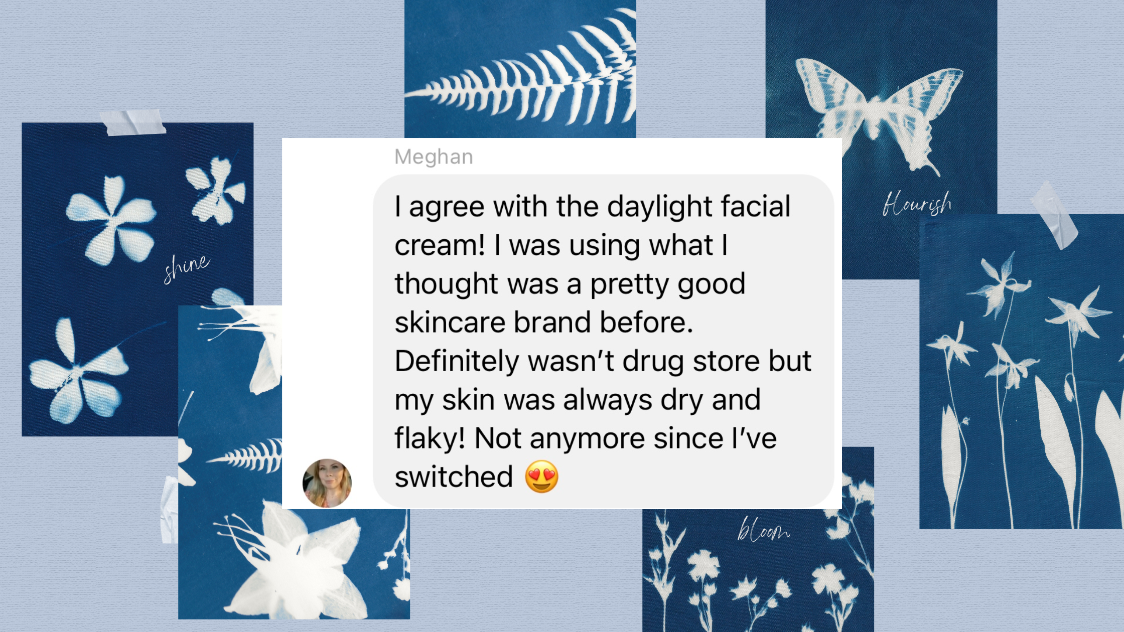 Screenshot of a client sharing that her skin is no longer dry and flaky after switching to Crunchi.