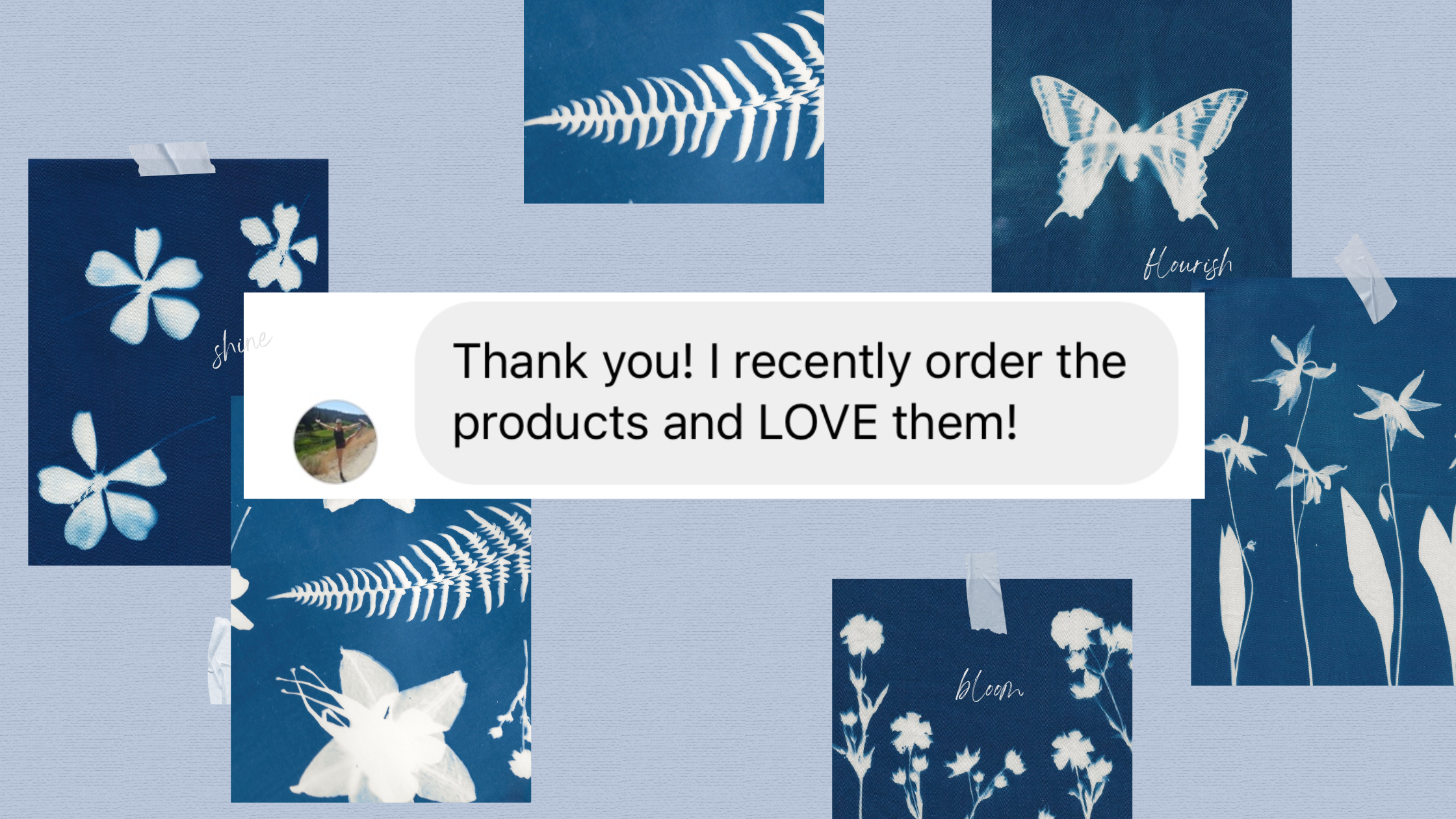 Text message testimonial from a client expressing how much she loves her new Crunchi products, shown over an artistic cyanotype collage.