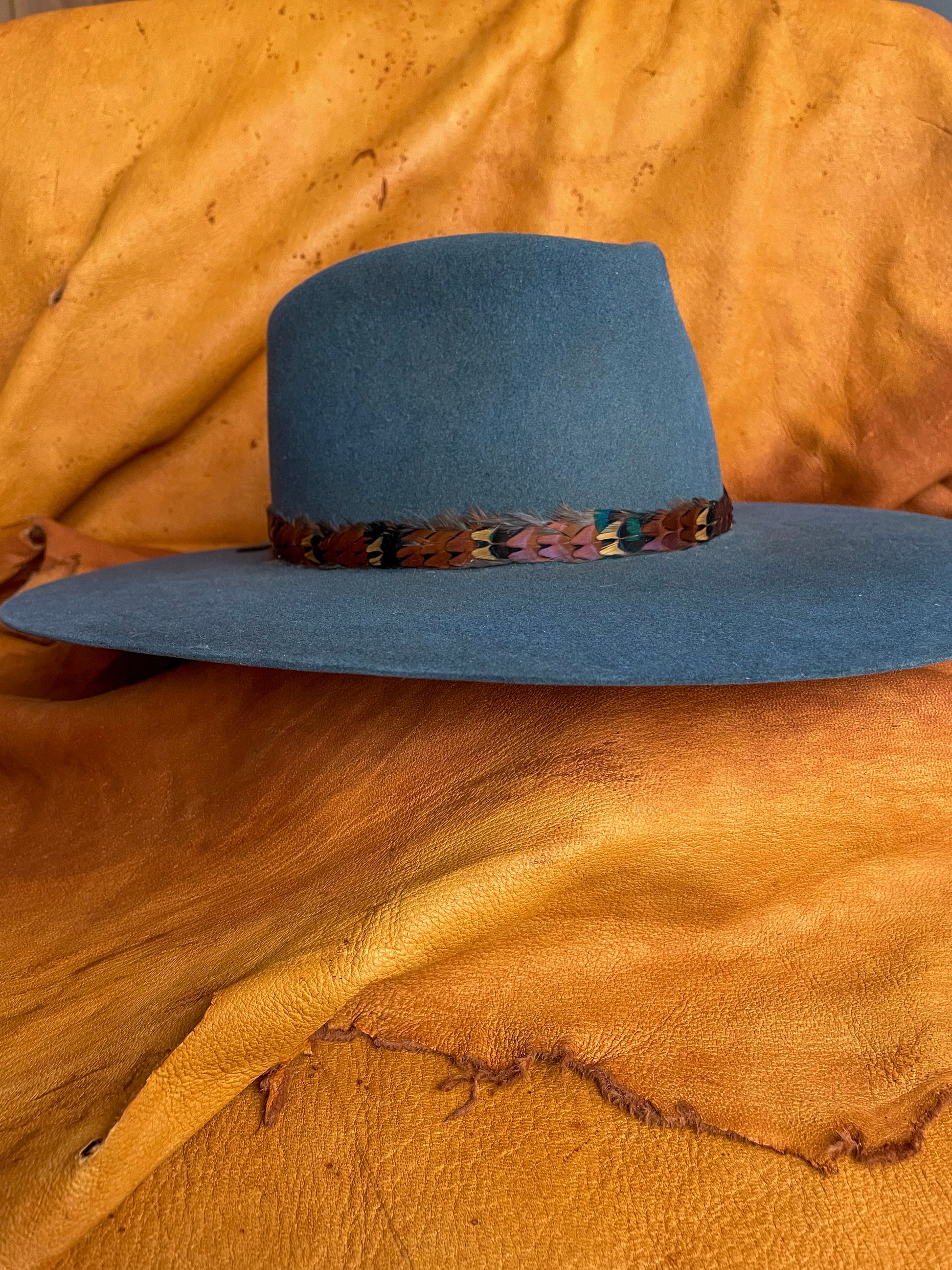 One of a kind pheasant feather hatband on a steel blue hat. 