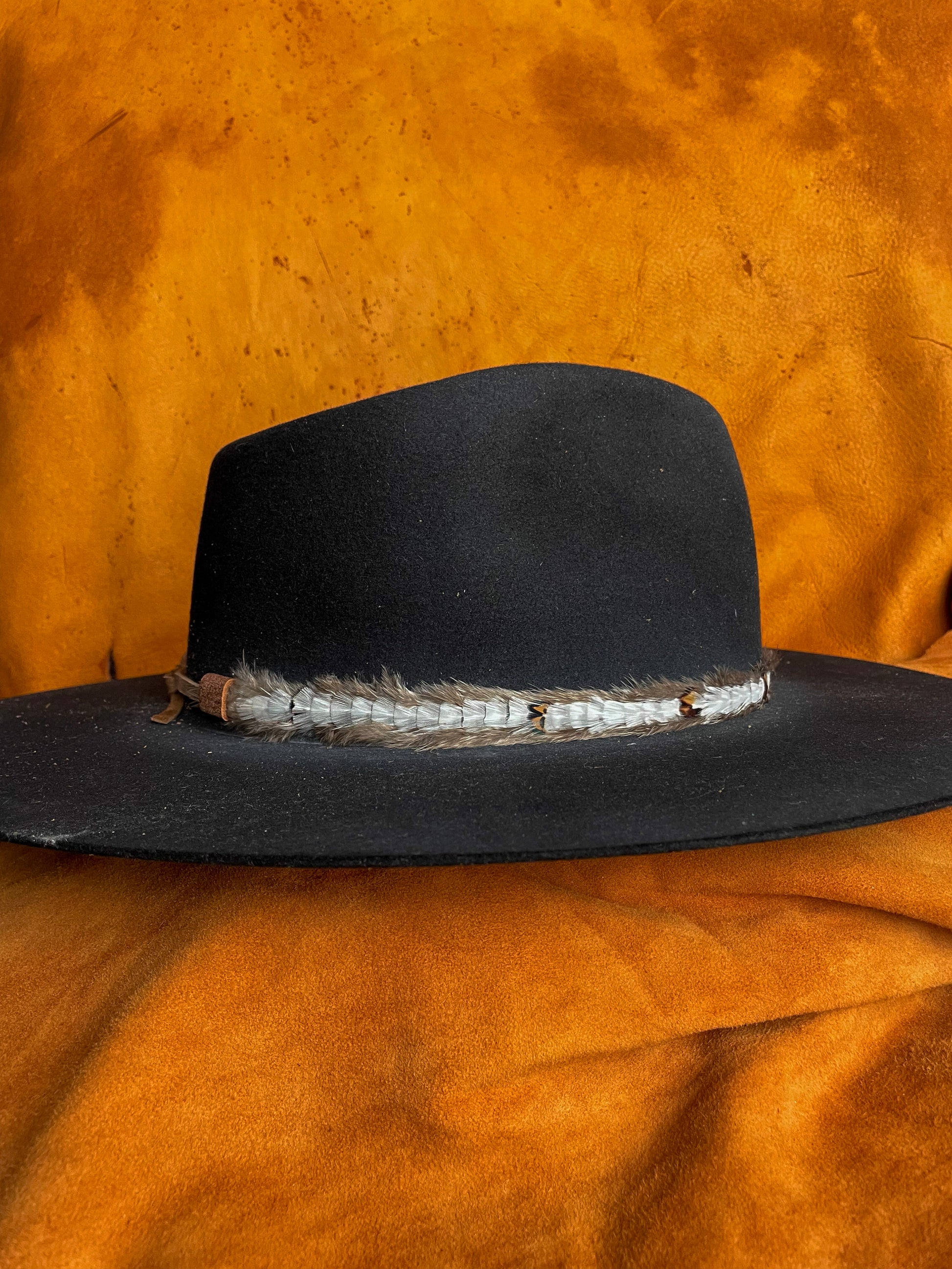 Side view of clean and simple feather hatband with small patterned details on a black felt hat. 