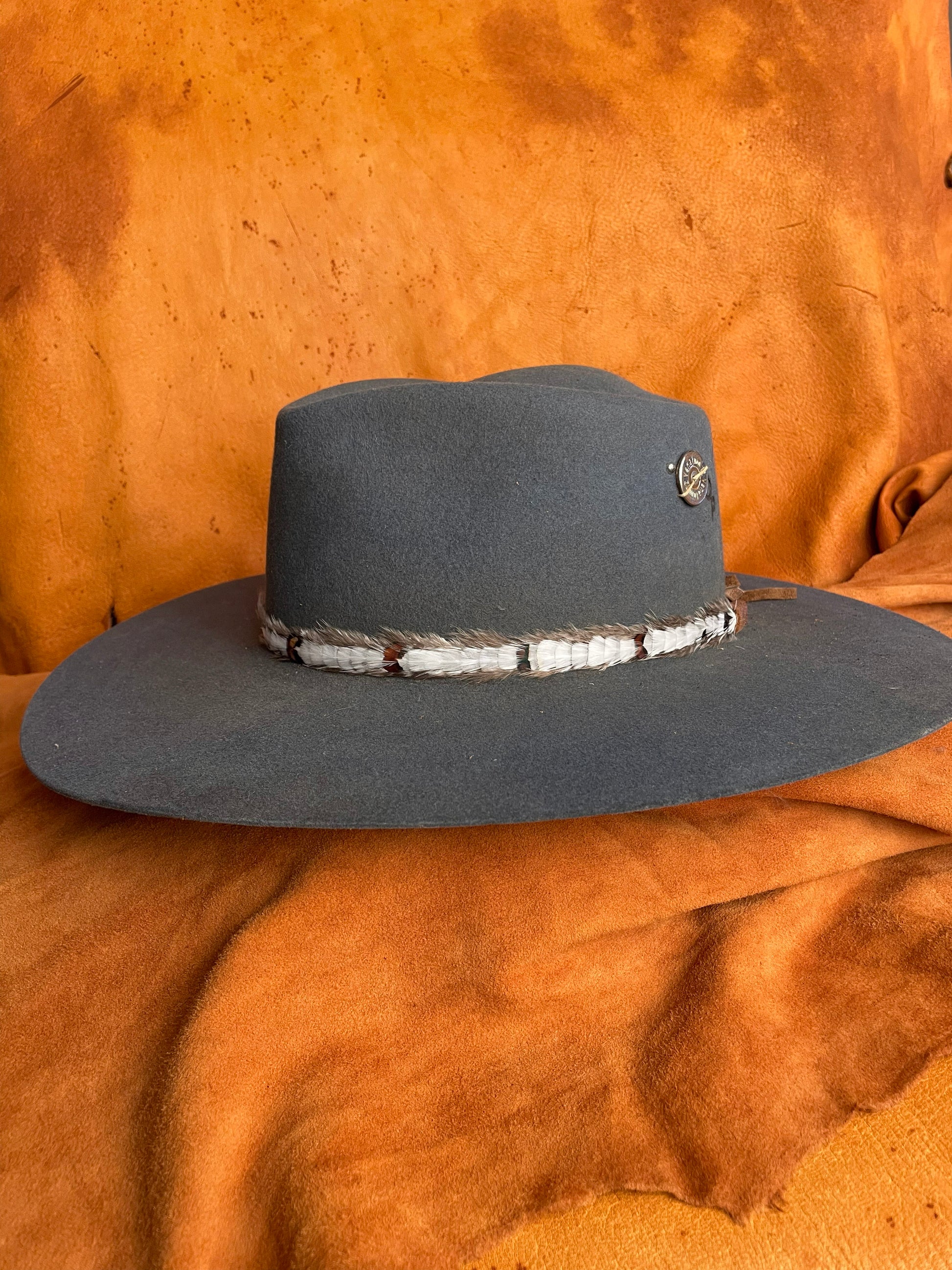 Side view of clean and simple feather hatband with small patterned details on a steel blue felt hat. 
