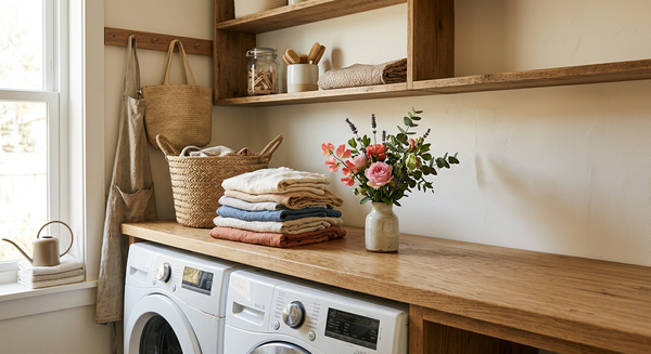 Bright laundry room with natural materials and flowers representing a lower-tox home.