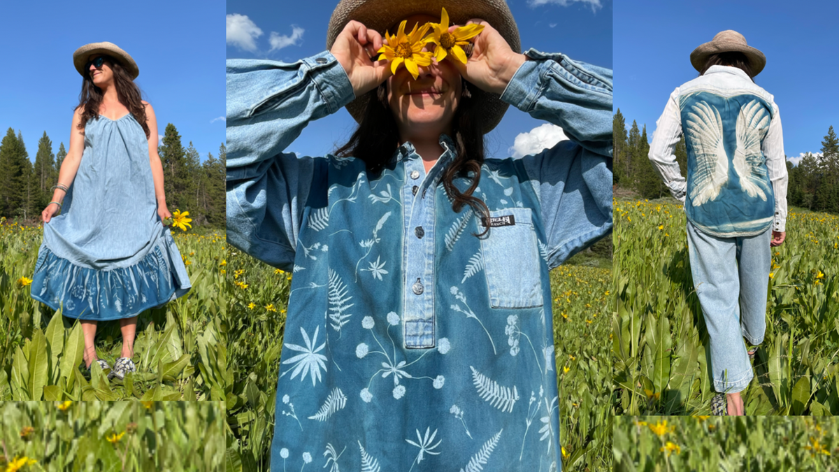 Women wearing Olivia Poyer's cyanotype clothing while standing in a field of wildflowers.