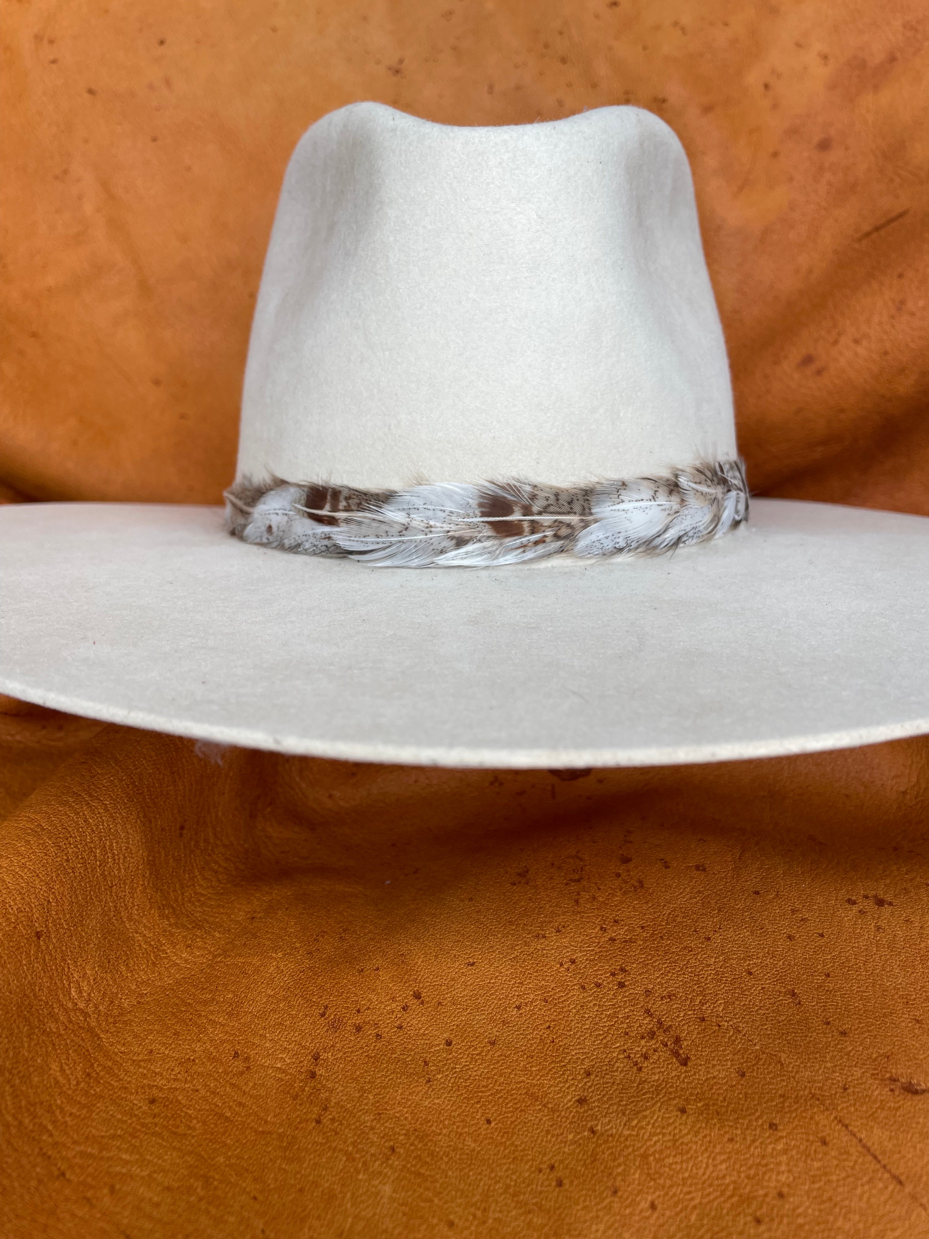 Ophelia Hungarian Partridge feather hatband on cream hat, front view