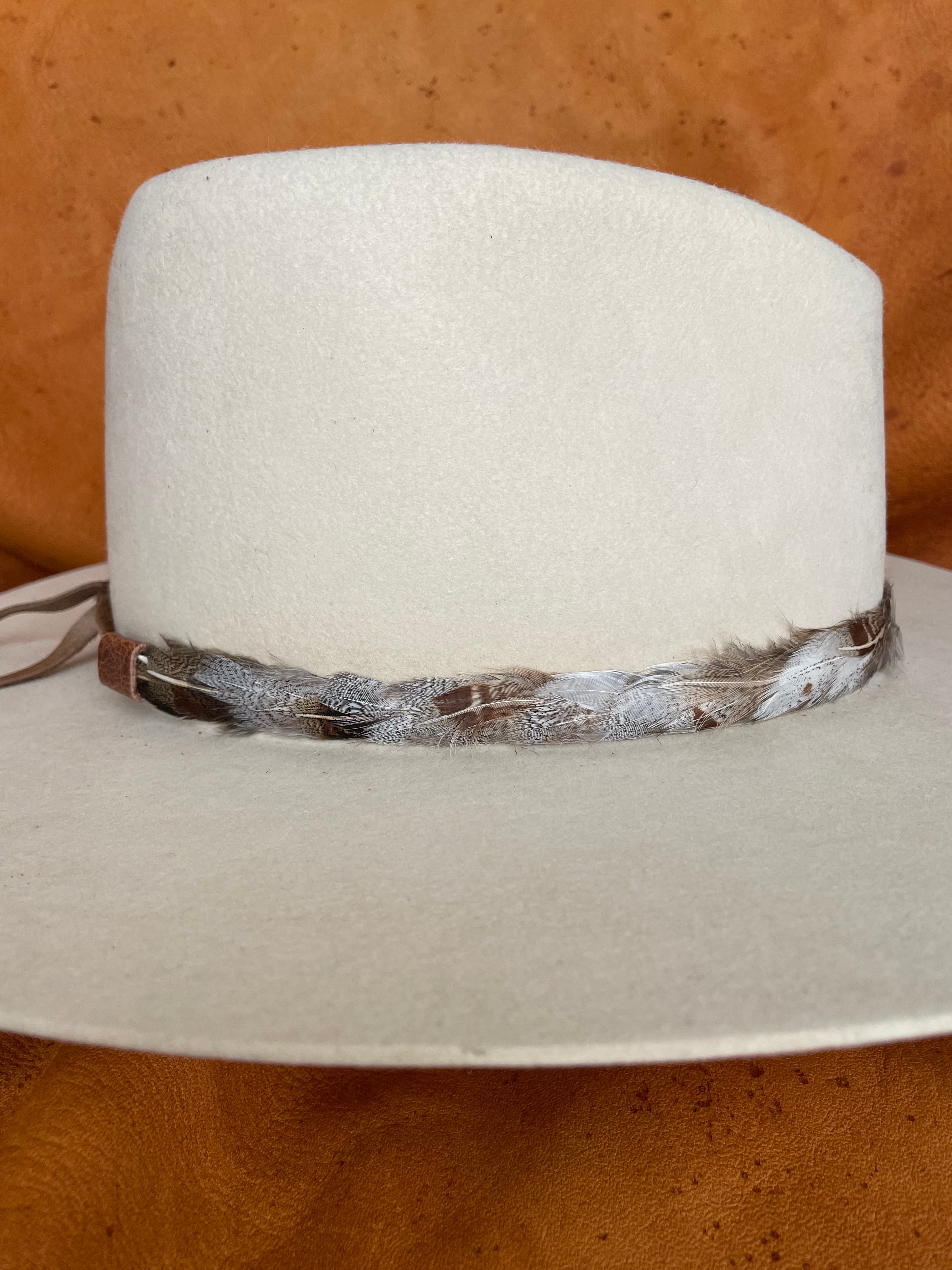 Hungarian Partridge feather hatband with speckled details, angled view