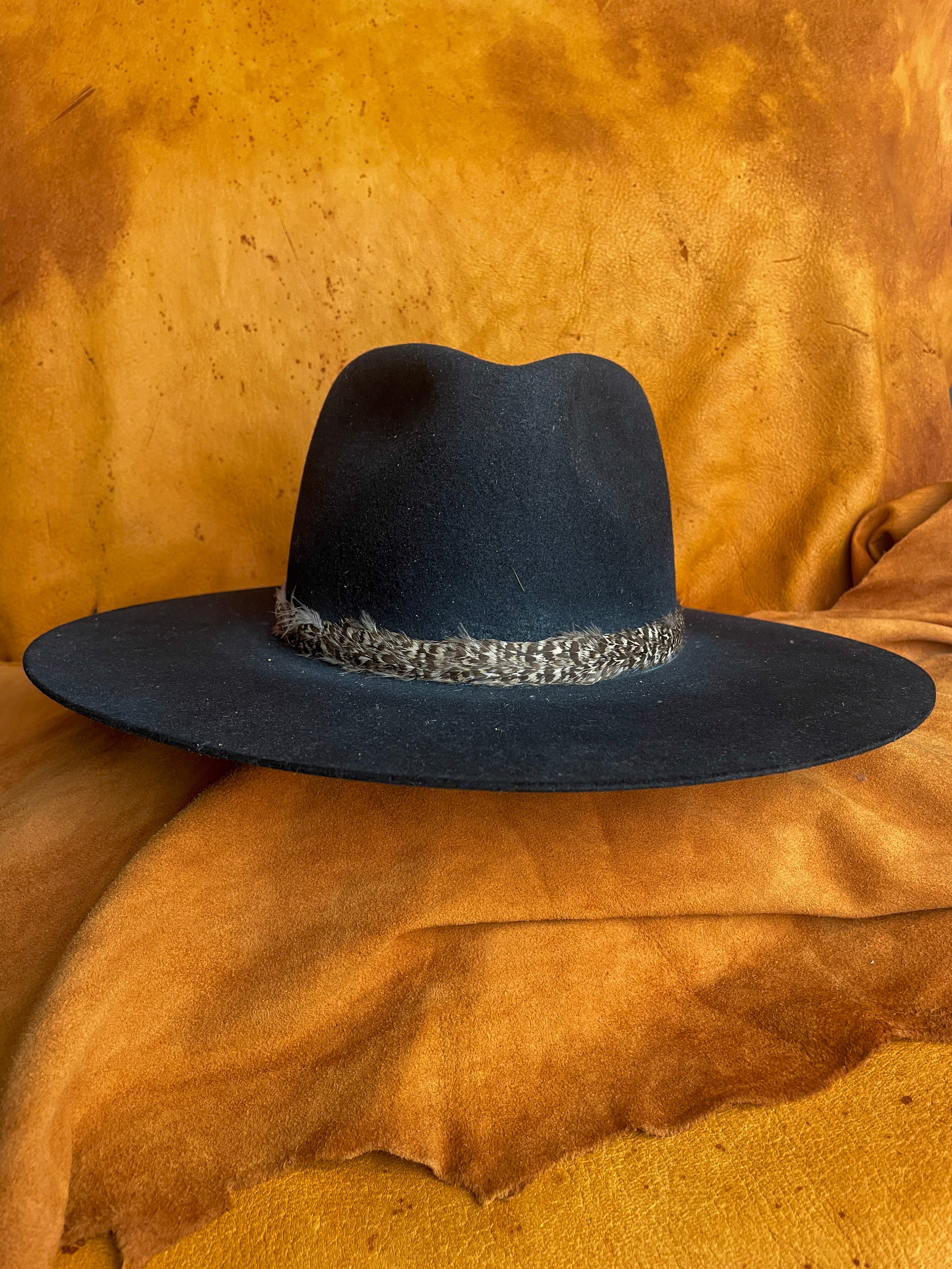 Neutral feather hatband worn on a black felt hat.