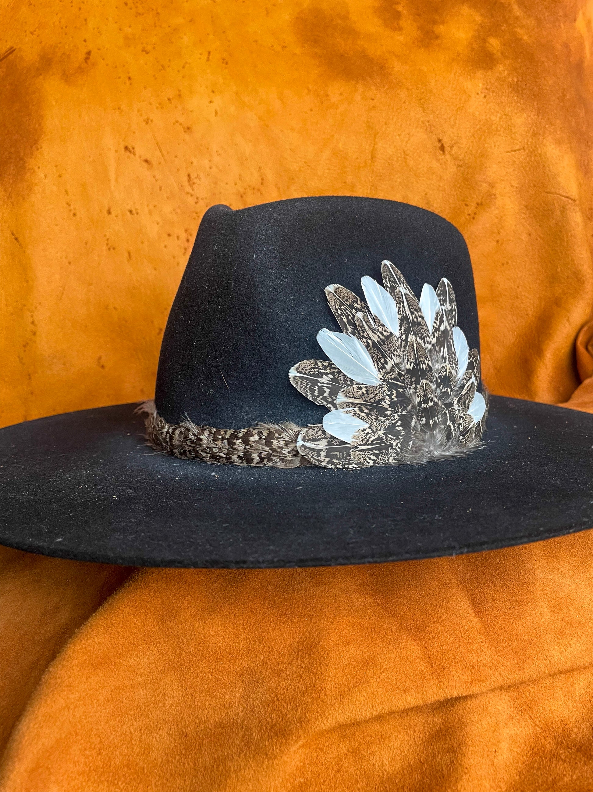 Earth-toned feather hatband with subtle contrast and texture.