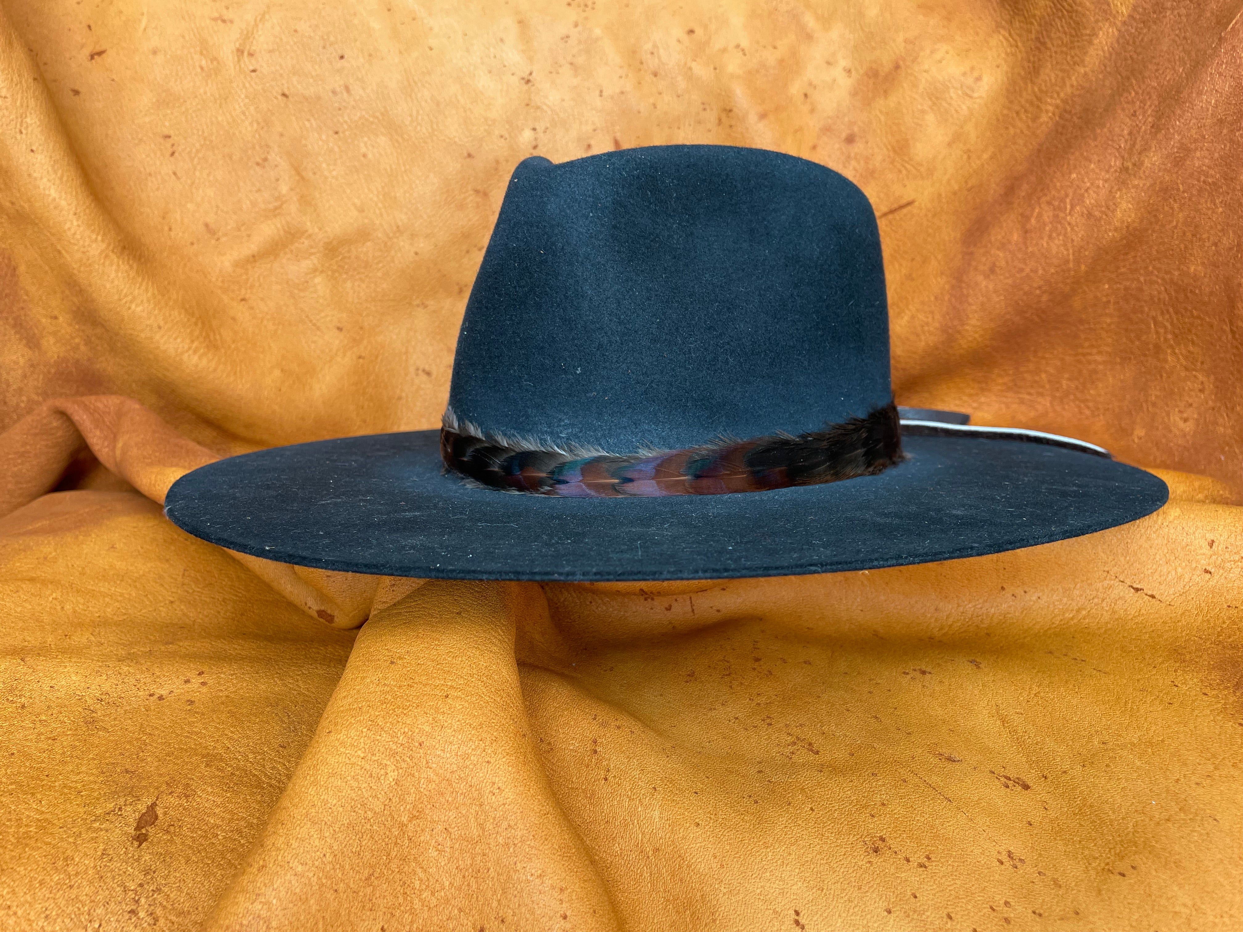 Subtle maroon & black feather hatband, angled view