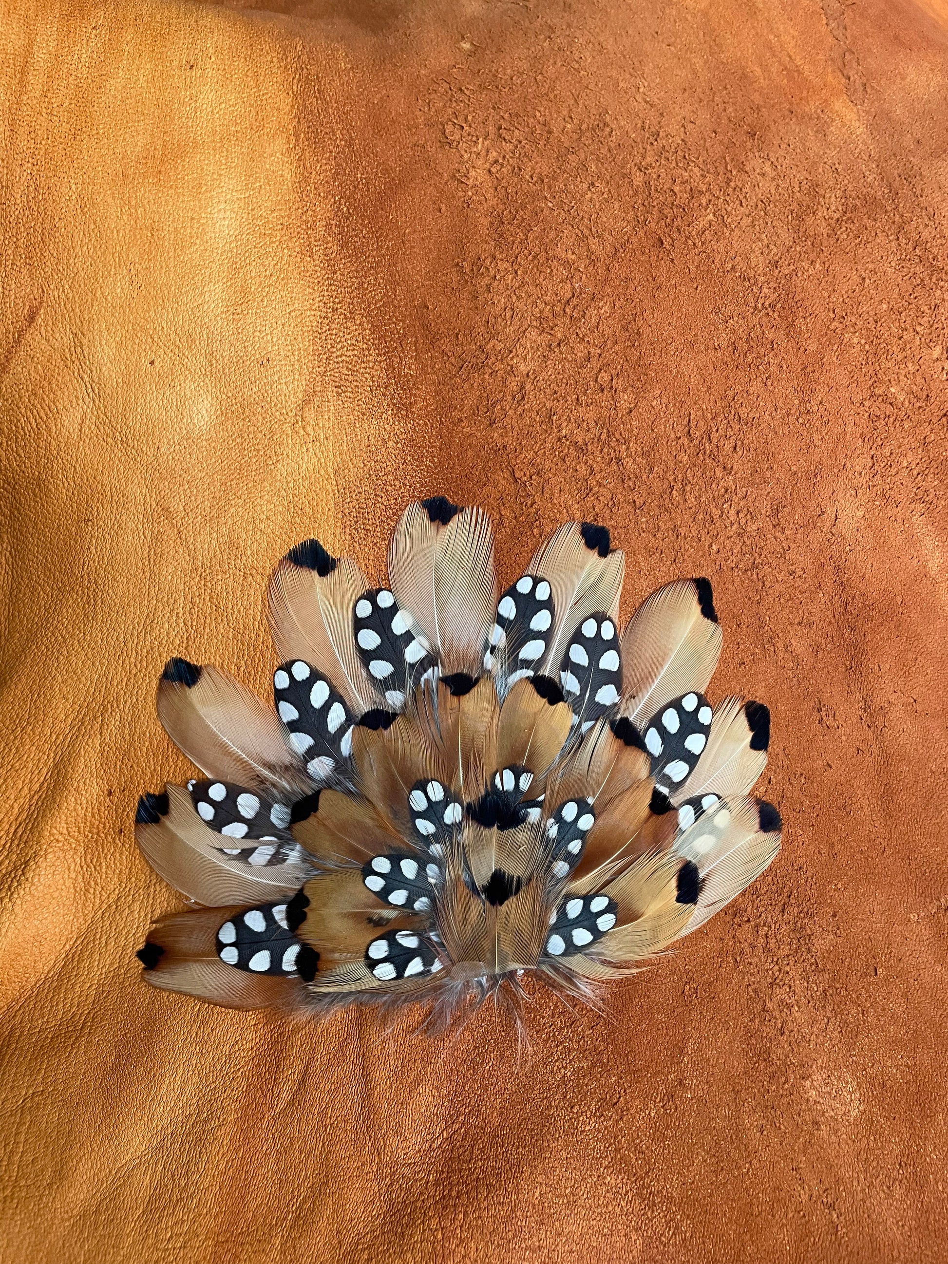 Playful feather medallion with natural gold and black contrast details on a backdrop of elk hide.