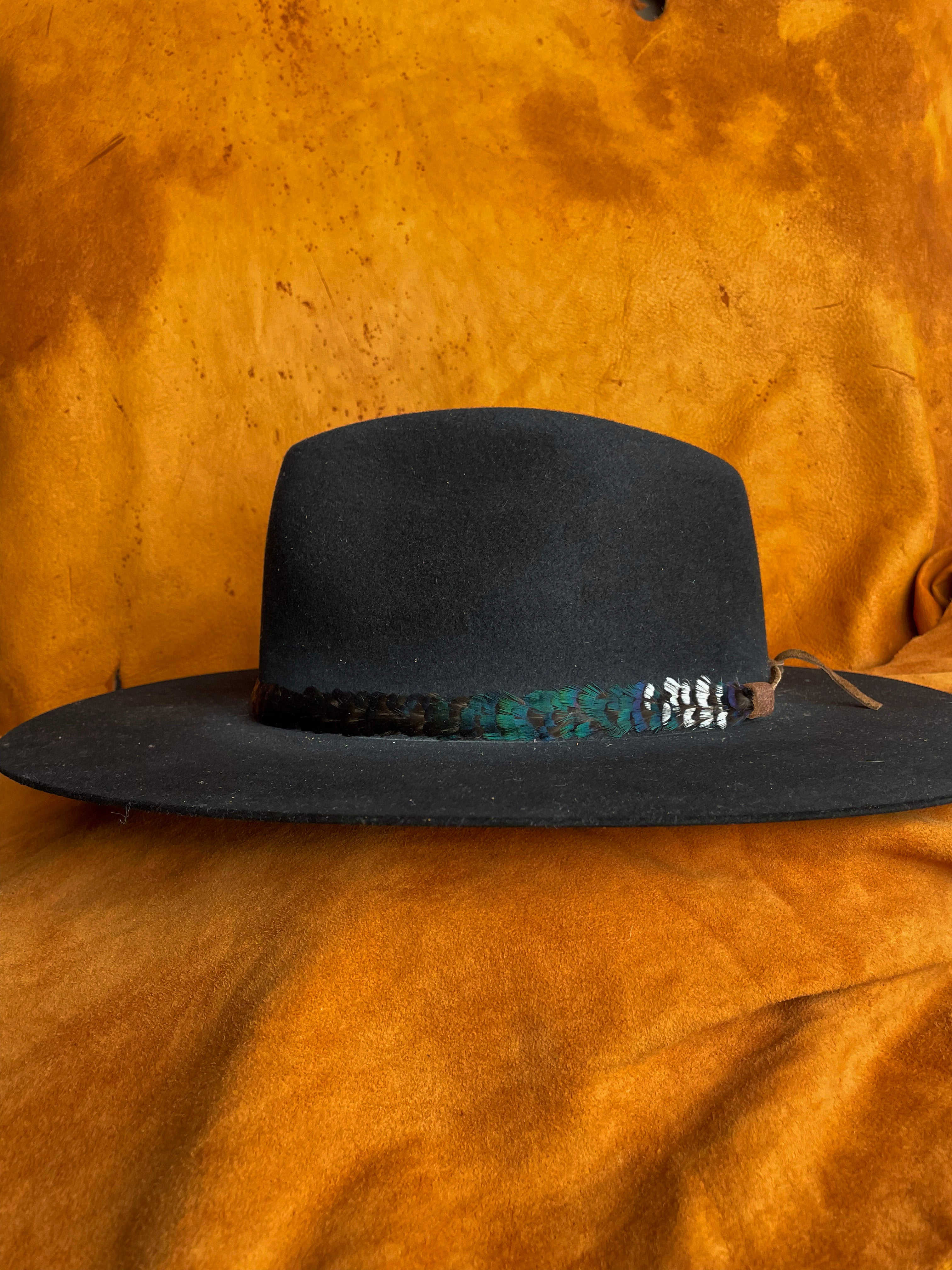 One-of-a-kind tricolor feather hatband.