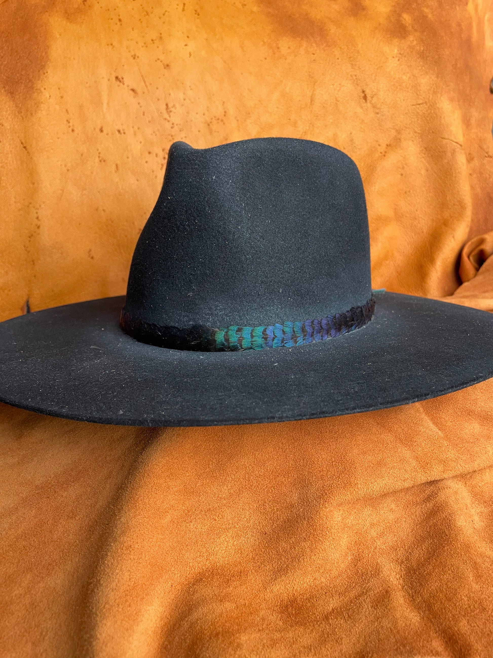 Minimalist feather band with jewel-toned color on a black felt hat. 