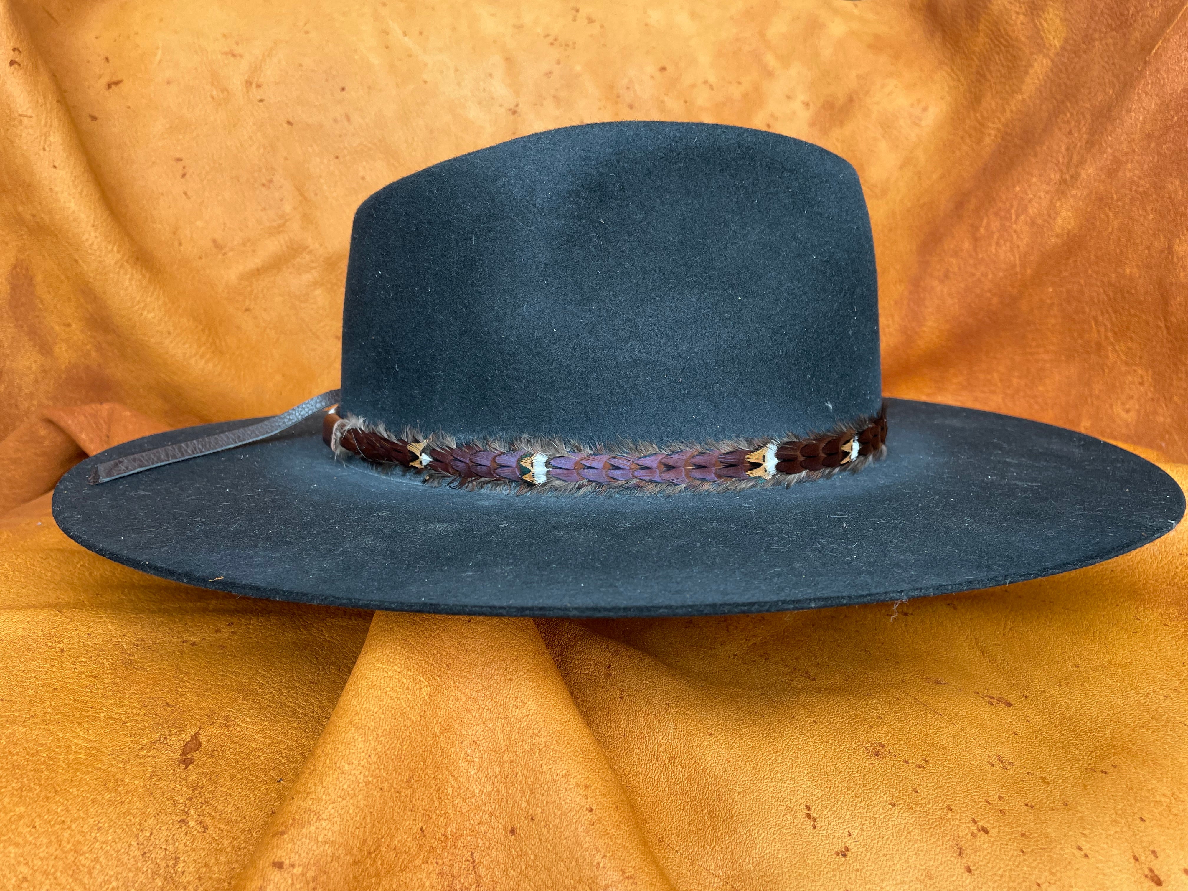 Willa maroon pheasant feather hatband on grey hat, side view